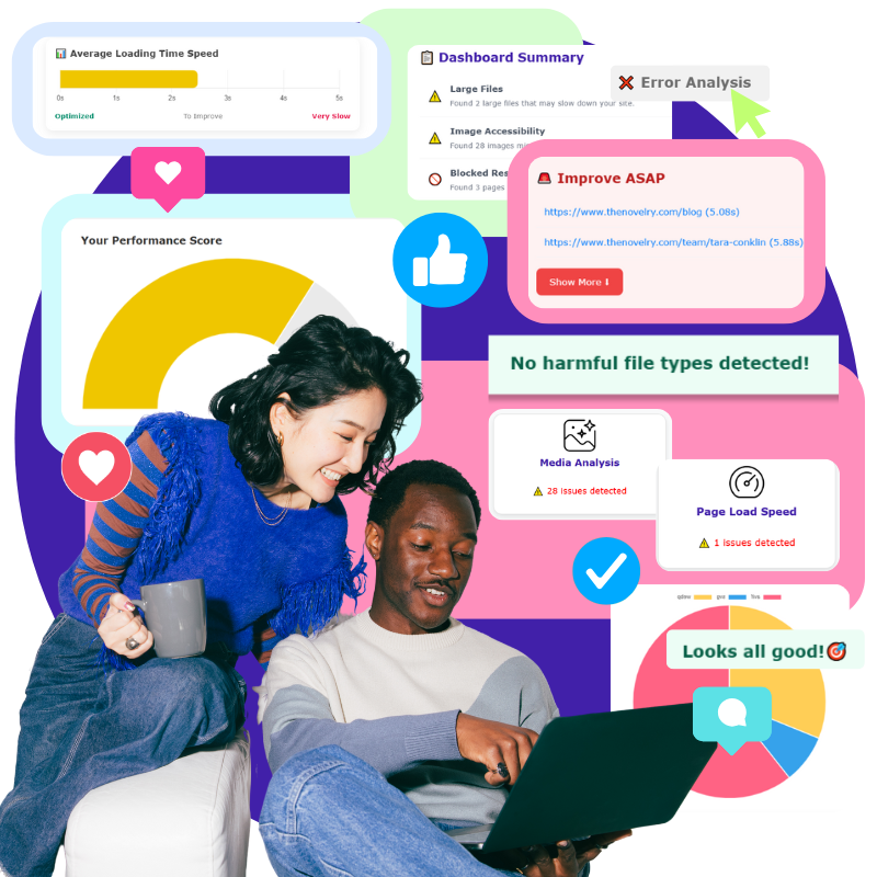 Ilumi SEO dashboard showing website health overview with summary cards for media, visibility, speed, and errors